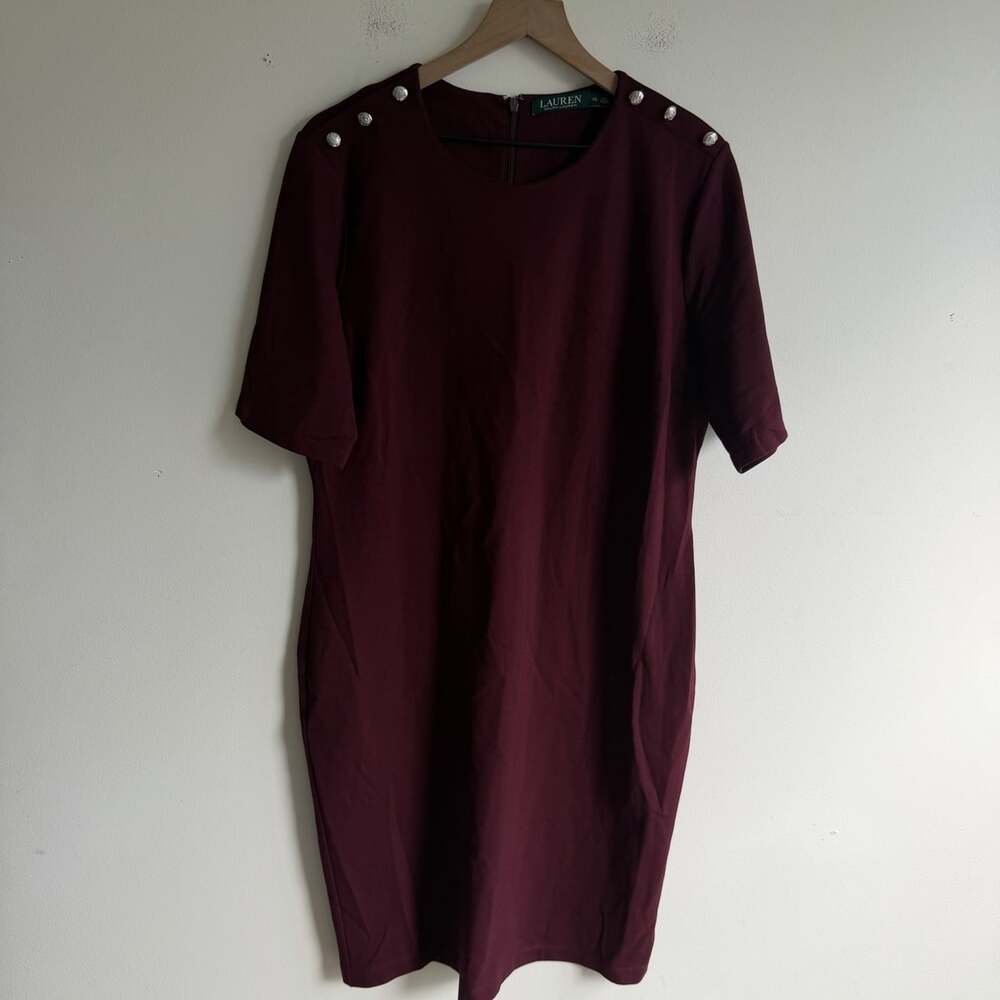 Lauren Ralph Lauren Burgundy Dress XL Stretch Ponte Jersey Silver Button Shift